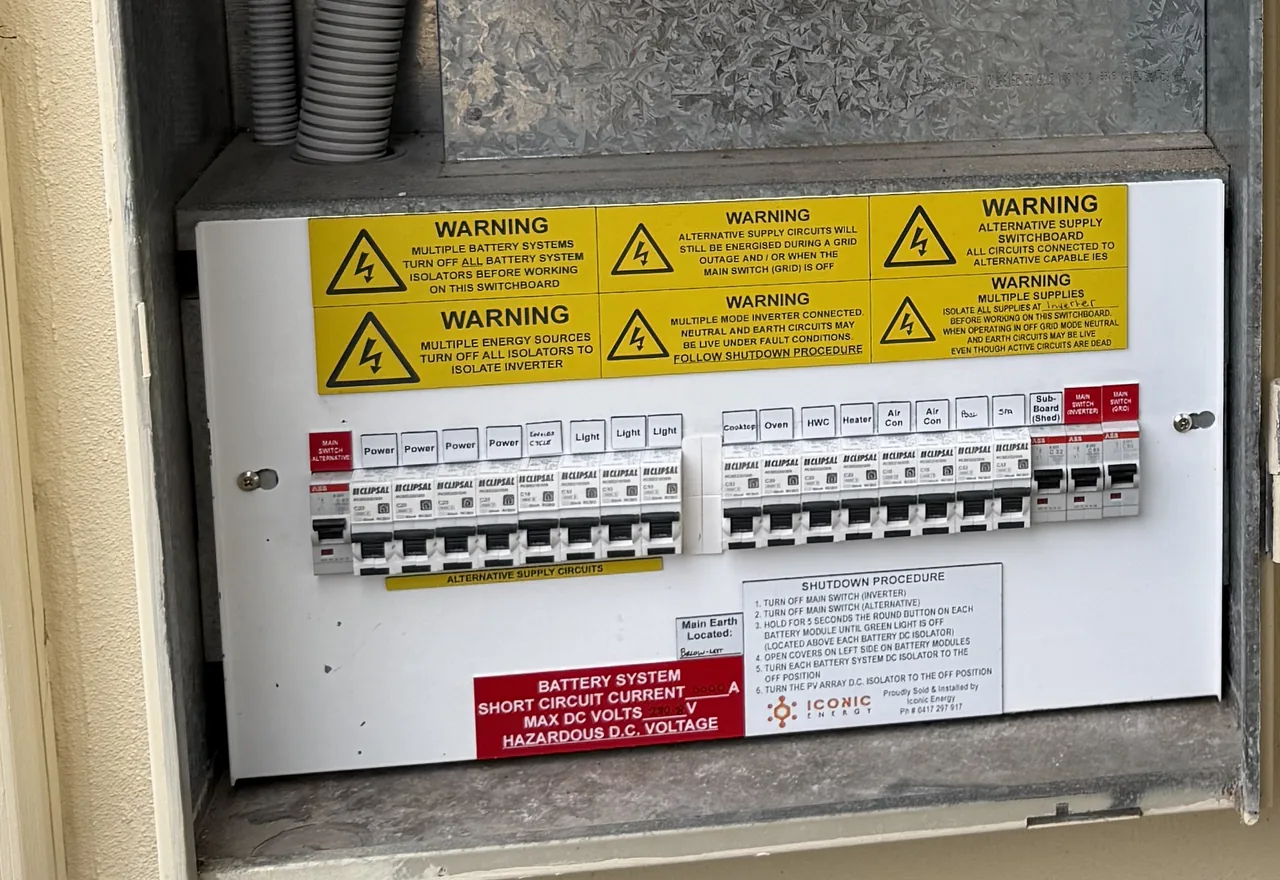 Switchboard with circuit breakers, warning labels for multiple supplies and a written shutdown procedure for the solar and battery system